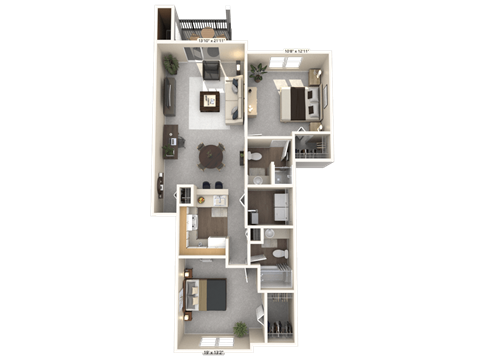A 3D floor plan of an apartment with a living room, kitchen, dining room, and bedrooms